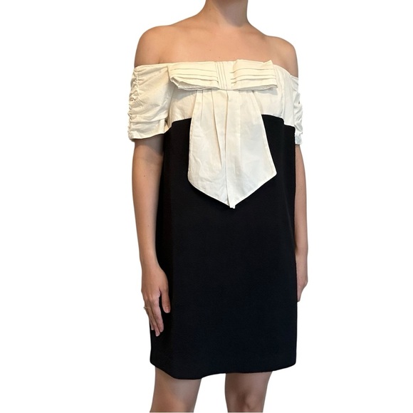 Anthropologie Mini Dress Bow Off Shoulder Black White Coquette Dainty Size Small - Picture 1 of 6